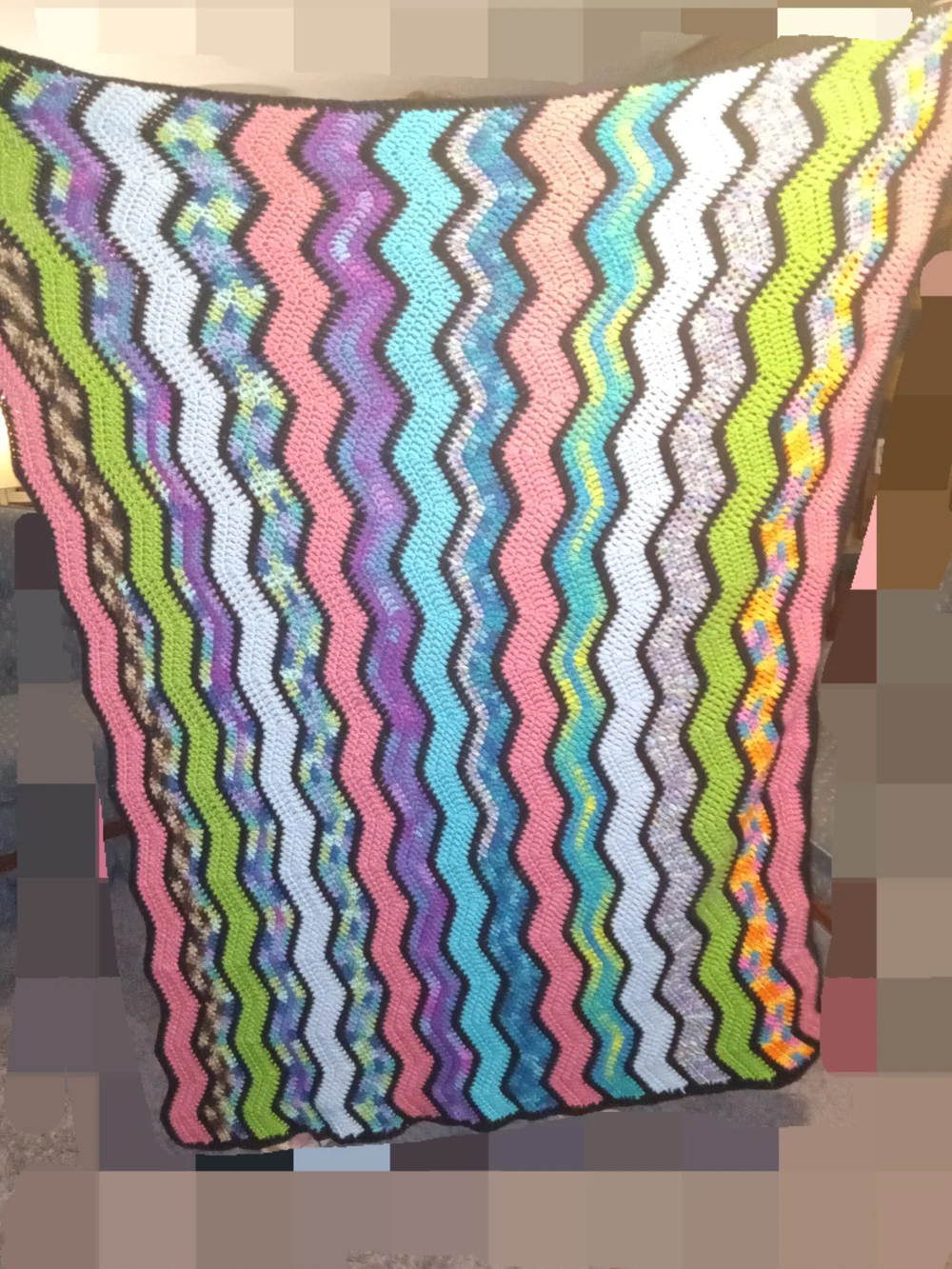 1970s Handmade Chevron Crochet Throw - Multicolor Zigzag Pattern